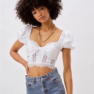 For Love & Lemons Chantalle White Lace Puff Sleeve Crop Top